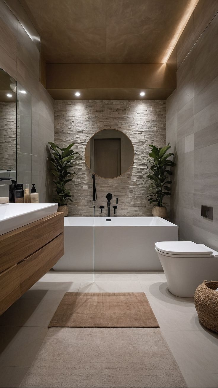 Full bathroom revamp with freestanding bath, stone feature wall and floating vanity